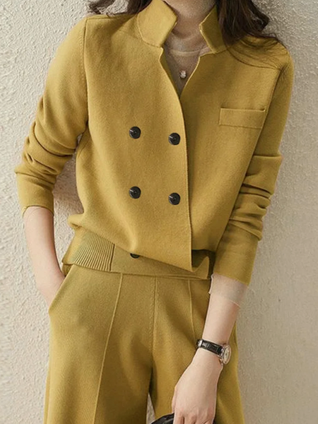 

Plus Size Medium Elasticity Plain Urban Loose Stand Collar Long Sleeve Cardigan, Yellow, Plus Outerwear
