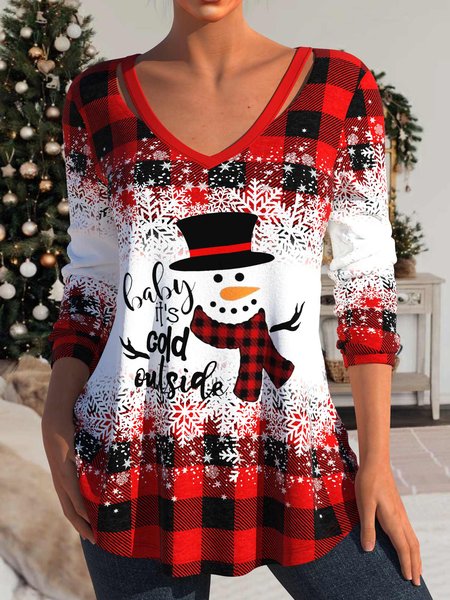 

V Neck Loose Casual Snowflake Shirt, Red, Shirts & Blouses