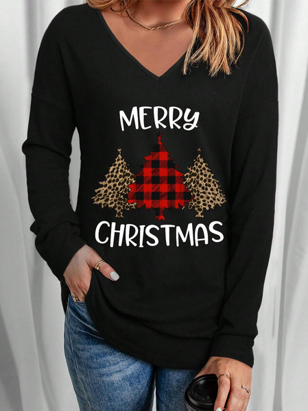 

Casual Christmas Knitted V Neck T-Shirt, Black, T-Shirts