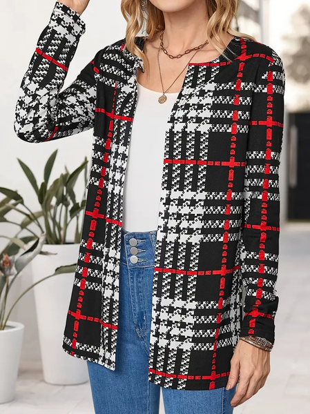

Loose Knitted Casual Plaid Coat, Red, Coats