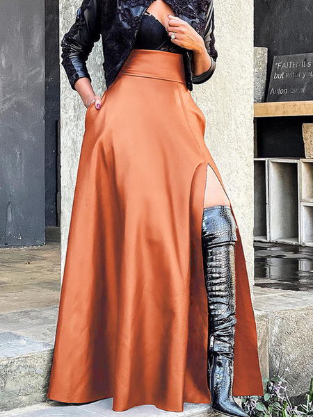 

PU Urban Loose Plain Pu Faux Leather Maxi Skirt, Orange, Skirts