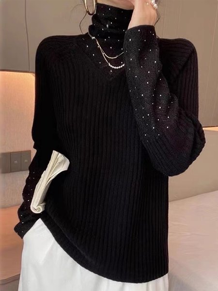 

Urban Long Sleeve Polka Dots Turtleneck Sweater, Black, Pullovers