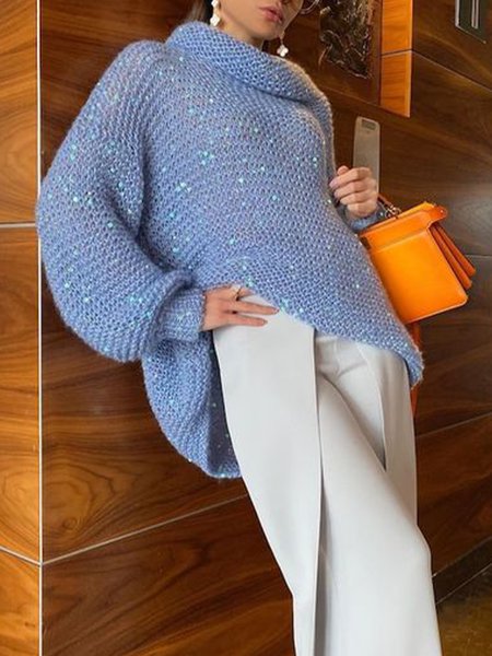 

Elegant Long Sleeve Plain Loose Sweater, Blue, Pullovers