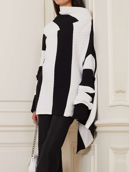 

High Elasticity Asymmetrical Urban Long Sleeve Geometric Sweater, Black-white, Pullovers