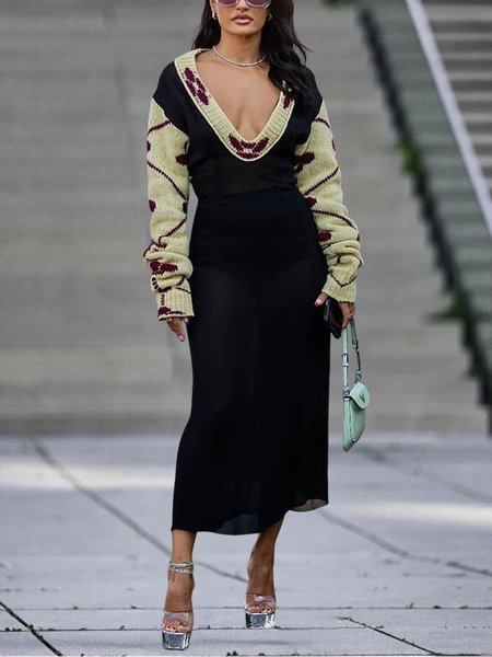 

Deep V Neck Elegant Regular Fit Sweater Midi Dress With No Belt, Black, Midi Dresses