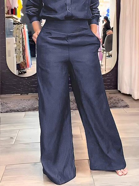 

Plus Size Plain Loose Faux Denim Urban Wide leg Pants, Blue, Plus Pants
