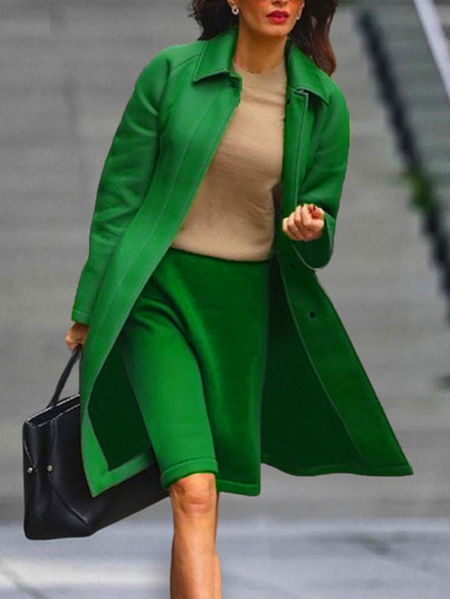 

Plus Size Regular Fit Shirt Collar Urban Long Sleeve Plain Coat, Green, Plus Outerwear