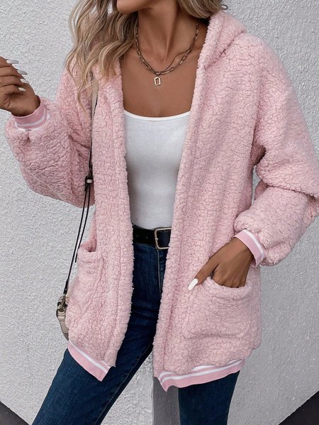 

Casual Pocket Stitching Hoodie Loose Teddy Jacket, Pink, Coats
