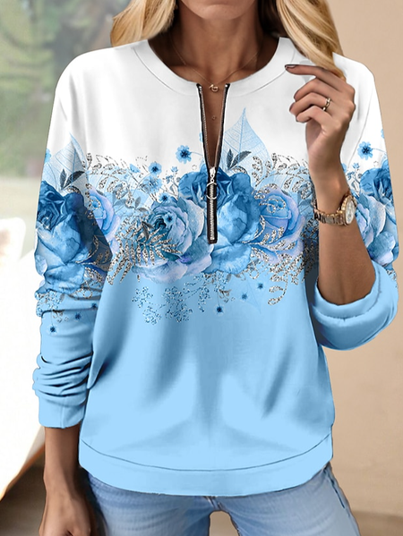 

Casual Loose Floral Zipper Sweatshirt, Light blue, Sweatshirts & Hoodies