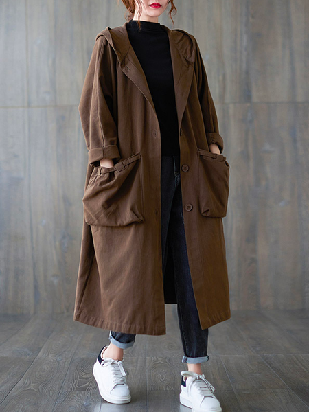 

Cross Neck Linen Casual Loose Trench Coat, Coffee, Trench Coats