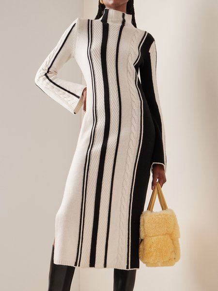

Regular Fit Turtleneck Urban Striped Sweater Dress, Black-white, Maxi Dresses