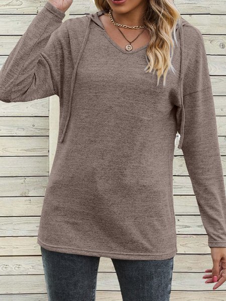 Hooded Casual Plain Loose T-Shirt, Khaki, T-Shirts