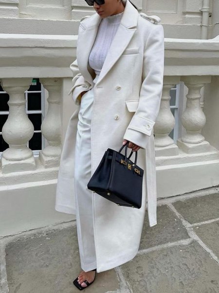 

Lapel Collar Plain Urban Loose Long Sleeve Coat, White, Coats