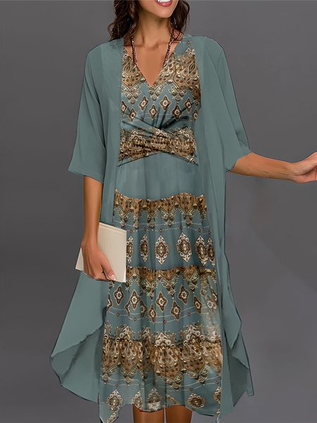 

Ethnic V Neck Chiffon Vintage Two-Piece Set, Green, Suit Set