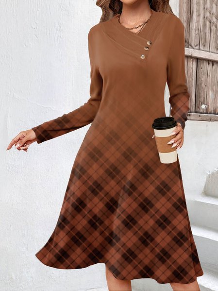 

Buckle Knitted Plaid Casual Dress With No Belt, Brown, Dresses