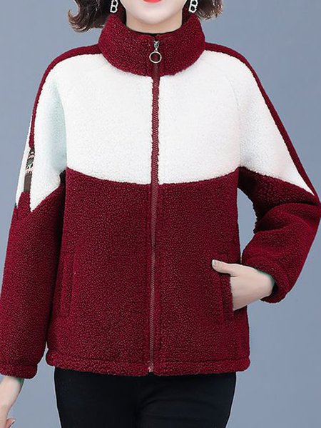 

Stand Collar Long Sleeve Color Block Zipper Fleece Loose Teddy Jacket For Women, Red, Coats