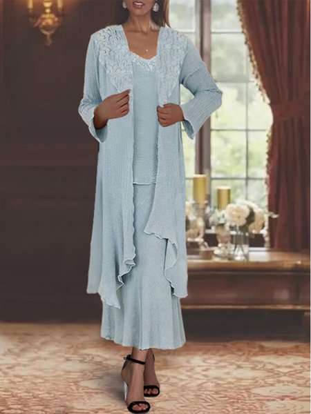 

V Neck Elegant Plain Matching Outfit, Light blue, Suit Set
