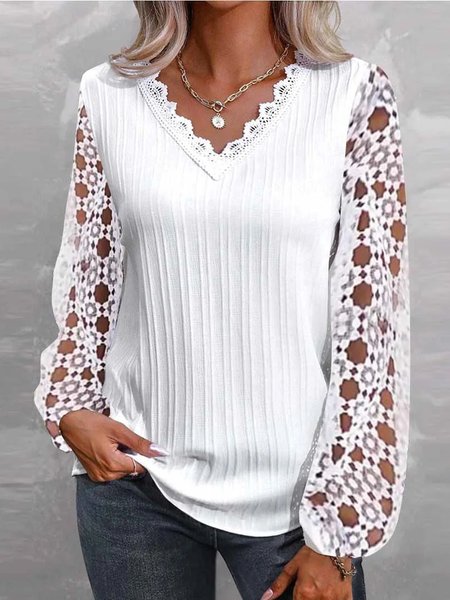 

Simple Plain Lantern Sleeve V Neck Shirt, White, Shirts & Blouses