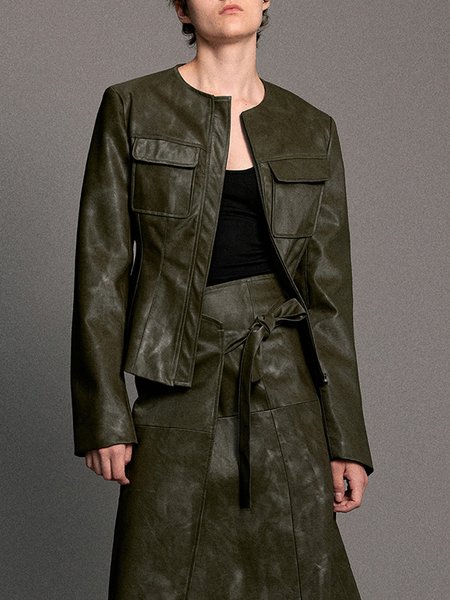 

Regular Fit Plain Urban Pu Leather Coat, Dark green, Jackets