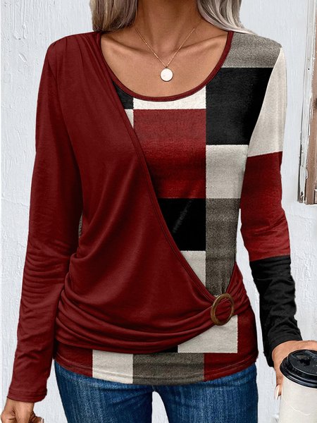 

Casual Split Joint Crew Neck Knitted Shirt, Red, Shirts & Blouses