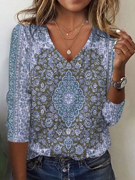 

Casual V Neck Loose Ethnic T-Shirt, Blue, Long sleeves