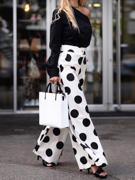 

Urban Loose Buckle Polka Dots Pants, Black-white, Pants