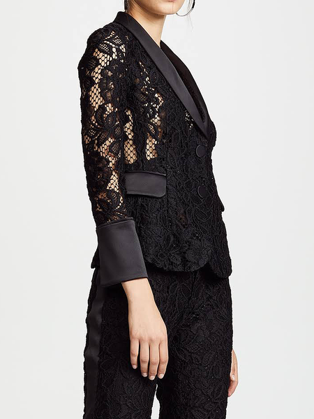 

Regular Fit Elegant Lapel Collar Lace Long Sleeve Blazer, Black, Blazers