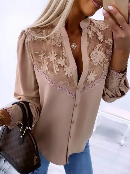 

Stand Collar Loose Casual Lace Blouse, Khaki, Shirts & Blouses