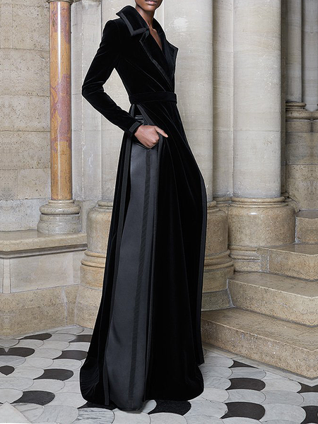 Plain Loose Lapel Collar Long Sleeve Urban Long Coat, Black, Coats