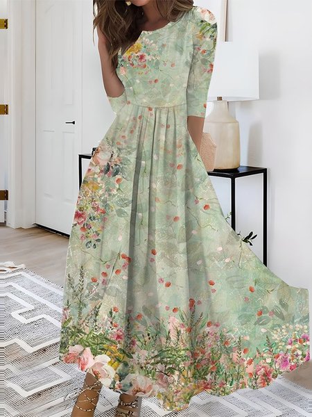 Floral Elegant V Neck Regular Fit Dress, Green, Dresses