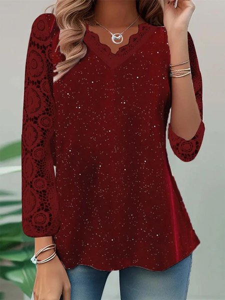 

Loose Casual Lace V Neck Shirt, Red, Shirts & Blouses