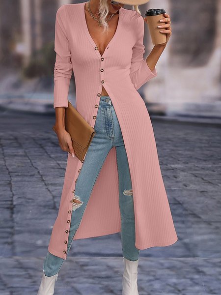

V Neck Buckle Casual Dress With No Belt, Pink, Dresses