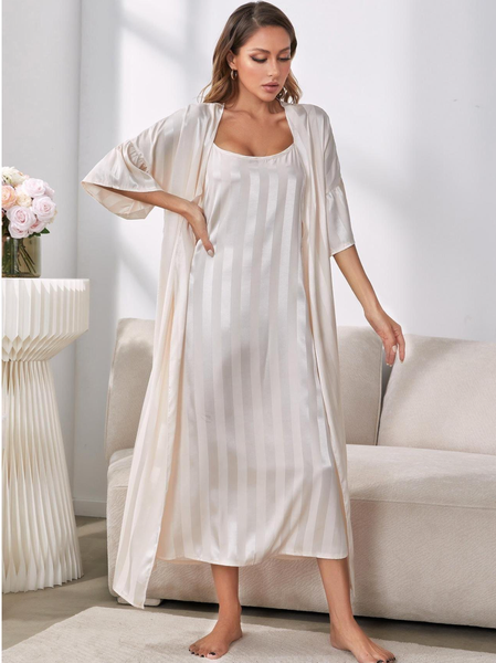 

Sexy Loose Colorblock Crew Neck Two Piece Nightgown Set, White, Pajamas