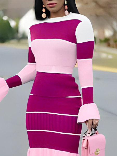 

Tight Color Block Elegant Crew Neck Sweater, Deep pink, Pullovers