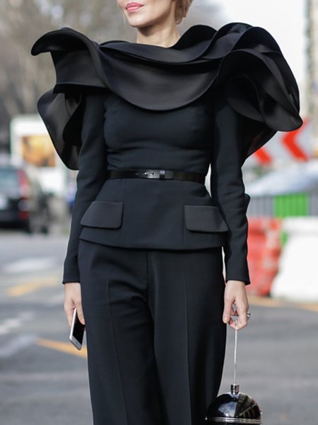 

Plain Regular Fit Long Sleeve Elegant Shirt, Black, Blouses and Shirts