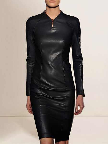 

Urban Color Block V Neck PU Faux Leather Dress, Black, Mini Dresses