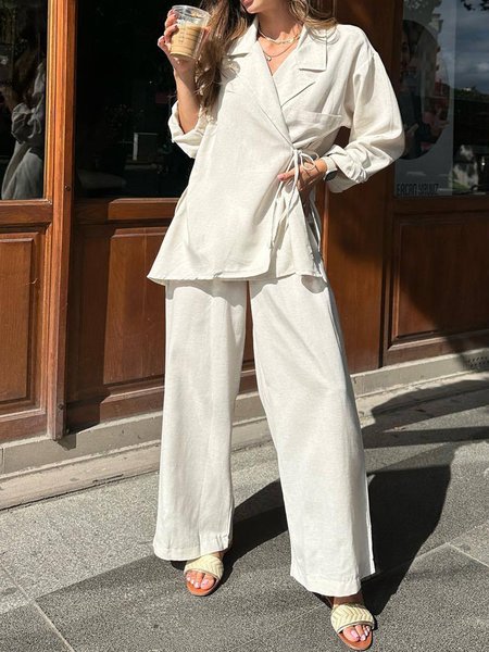 

Plain Casual Two-Piece Set, Beige, Suit Set