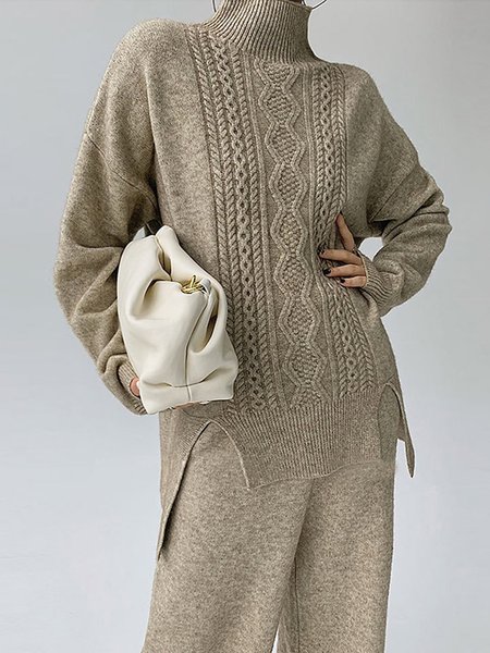 

Plain Turtleneck Urban Long Sleeve Sweater, Apricot, Pullovers