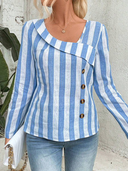 

Casual Cotton And Linen Striped Button-Up Top, Blue, Shirts & Blouses