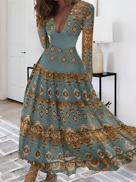 

Ethnic Vintage V Neck Regular Fit Dress, Green, Dresses