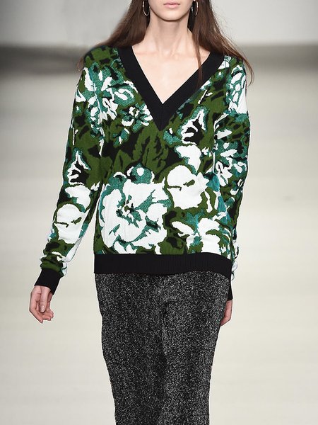 

Long Sleeve Floral V Neck Urban Sweater, Green, Pullovers