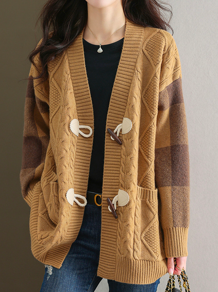 

Loose Plaid Cross Neck Casual Cardigan, Khaki, Sweaters