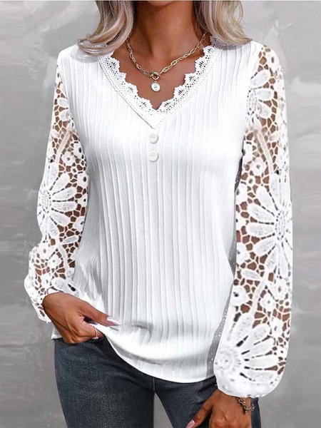 

Casual Lace Plain V Neck Shirt, White, Shirts & Blouses
