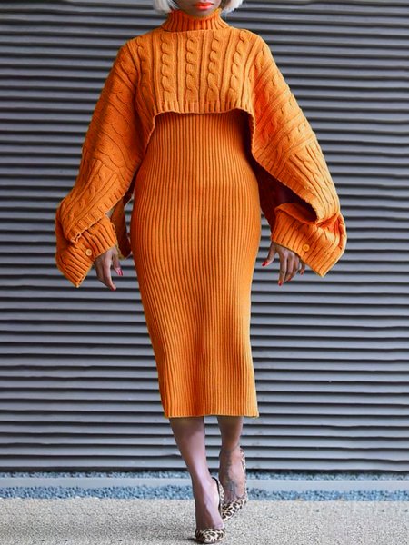 

Elegant Long Sleeve Plain Sweater Midi Dress With No Belt, Orange, Midi Dresses