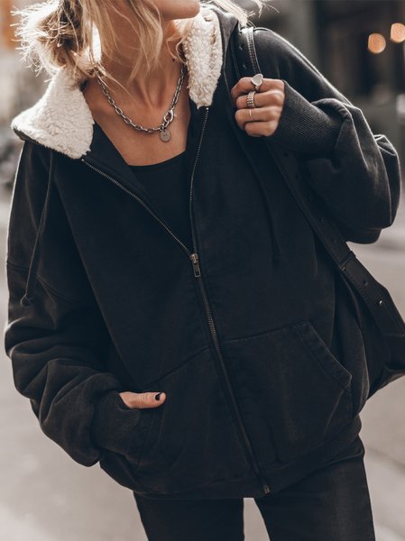 

Fluff/Granular Fleece Fabric Hoodie Plain Casual Jacket, Black, Jackets