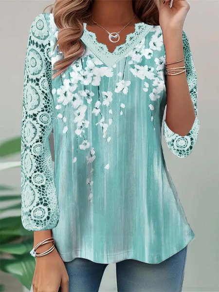 

Floral Loose Casual Lace Shirt, Blue, Shirts & Blouses