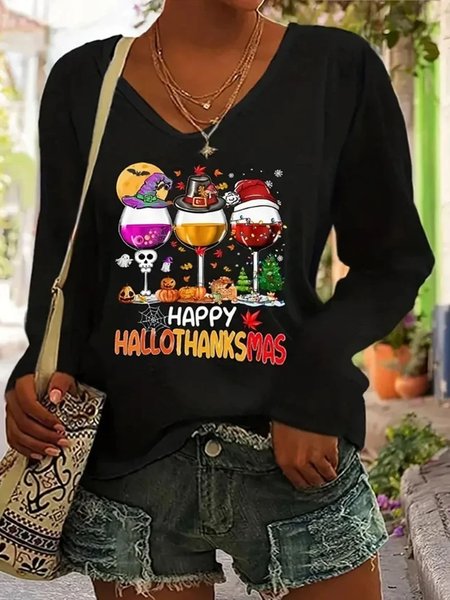 

Plus Size Halloween V Neck Casual T-Shirt, Black, Long sleeves