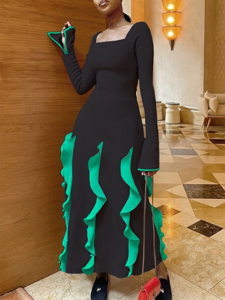 

Square Neck Color Block Urban Regular Fit Dress, Green, Maxi Dresses