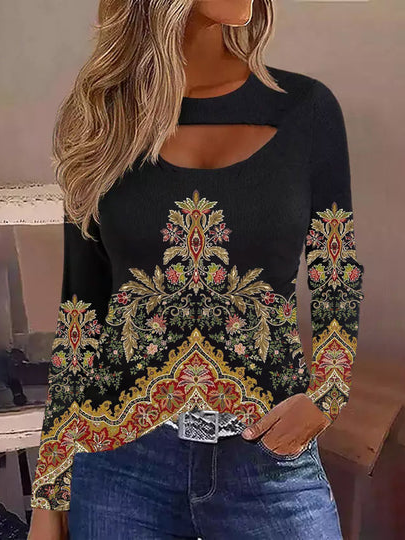 

Crew Neck Loose Casual Ethnic T-Shirt, Black, T-Shirts