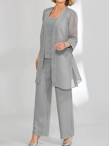 

Elegant Crew Neck Matching Outfit, Gray, Suit Set